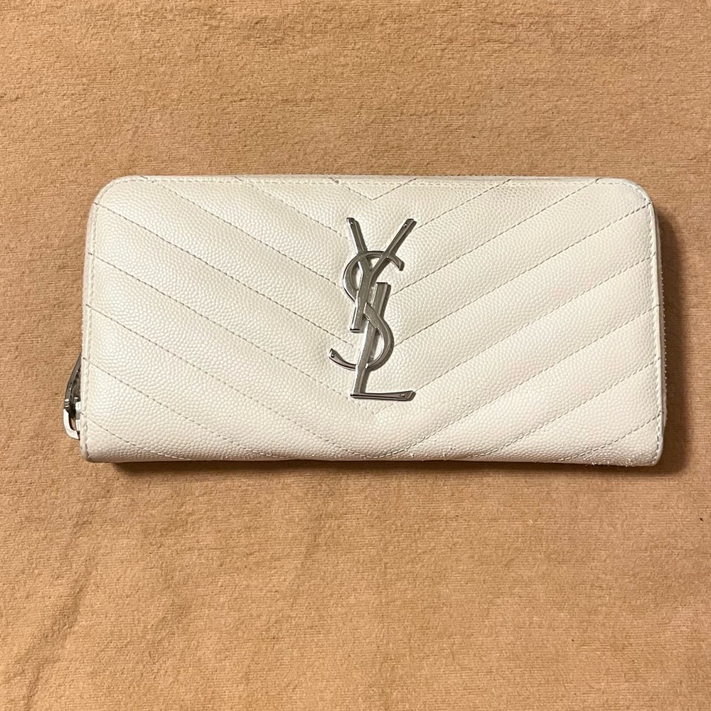 YSL Monogram Large Zip Wallet White Grained Leather